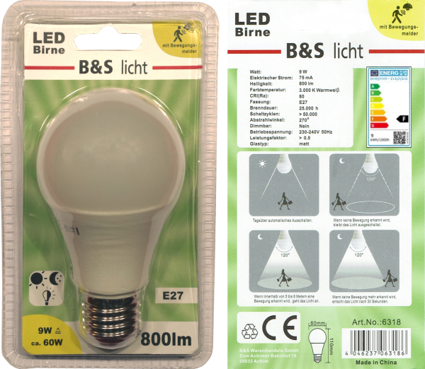 LED Birne 800 lm mit Bewegungsmelder